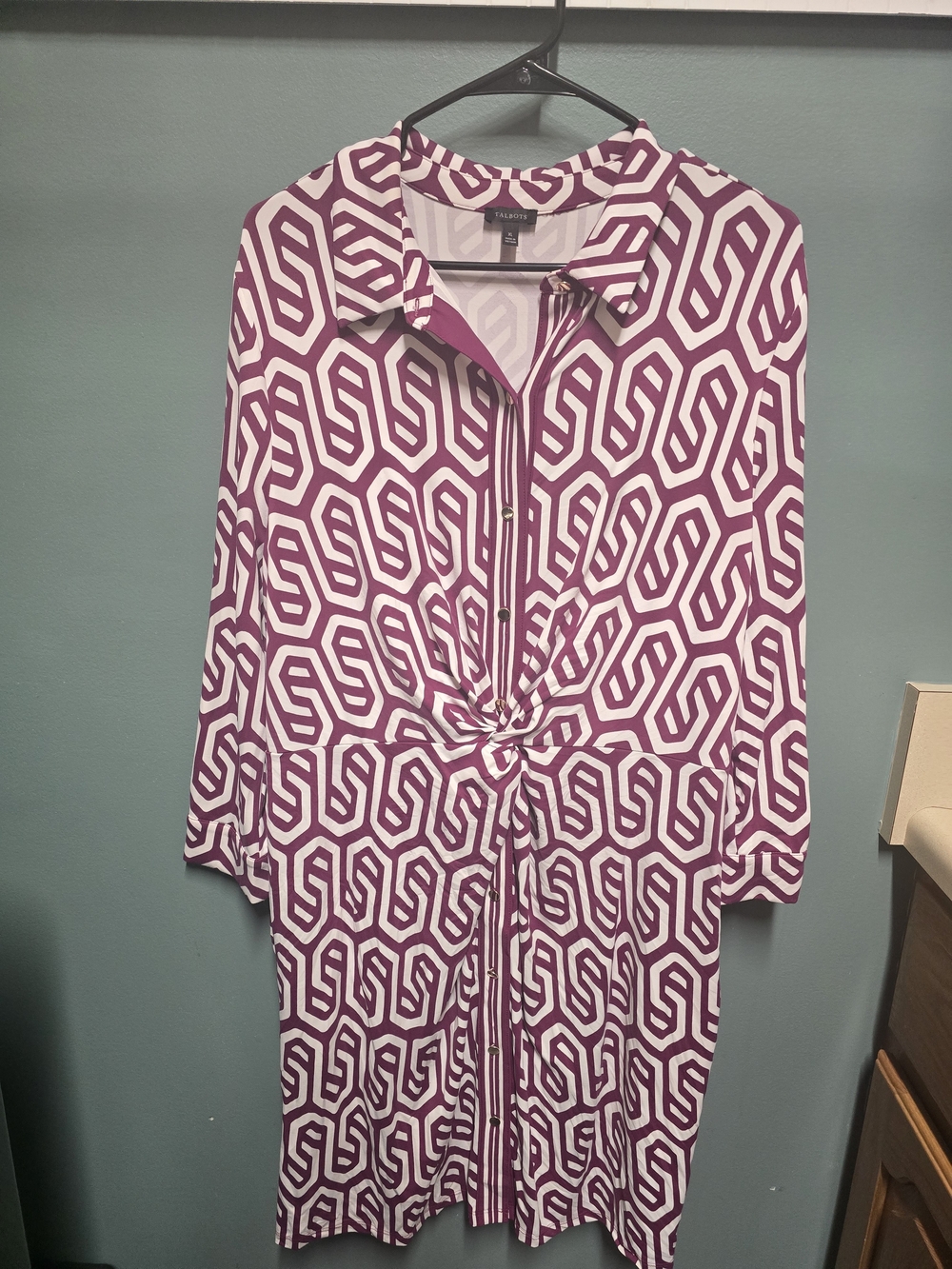 Talbots Effortless Jersey Twist Shirtdress in the "Groovy Geo" plum rose & ivory